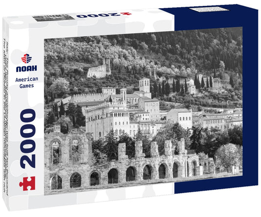 Noah Jigsaw Puzzle Italy. The Roman amphitheater was built two thousand years ago. Magnificent Renaissance palace. The town of Gubbio in the Umbrian mountains with rich history and grandiose architecture in black white 2000 pieces