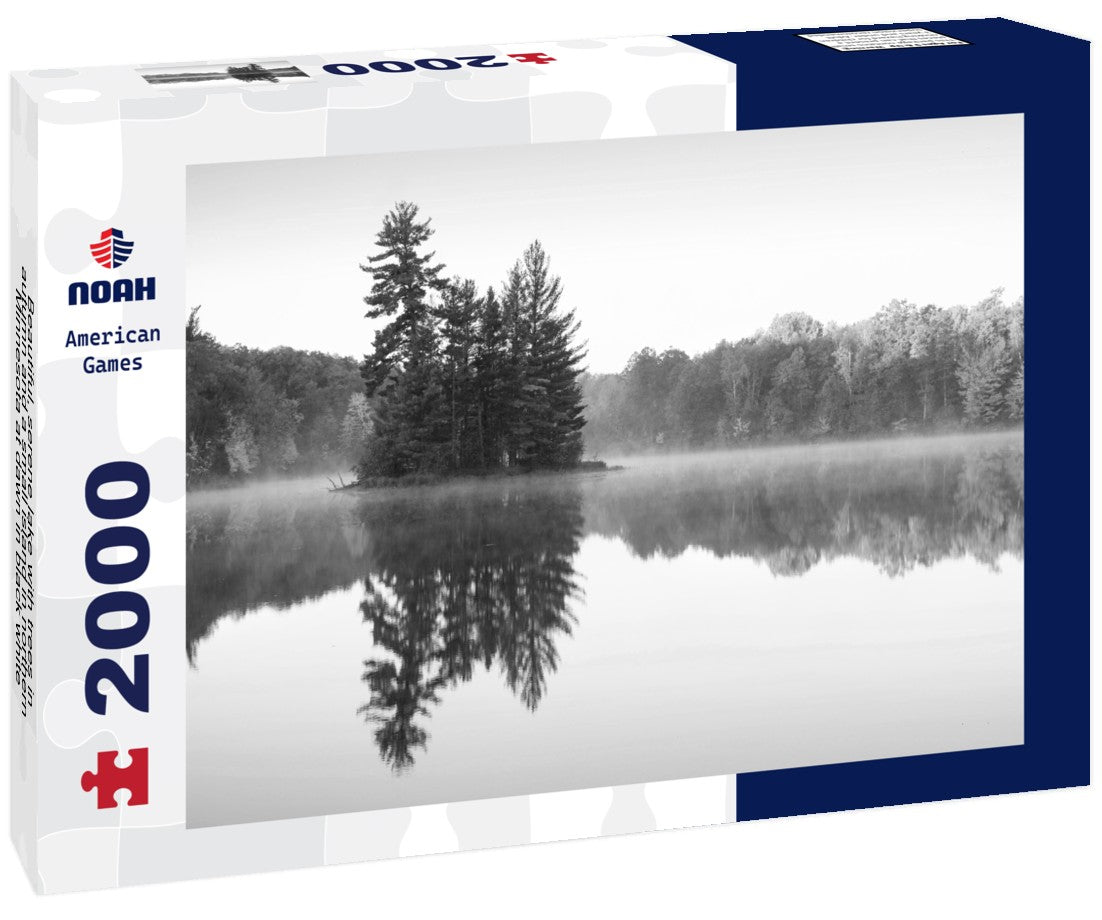 Noah Jigsaw Puzzle Beautiful, serene lake with trees in autumn and a small island in northern Minnesota at dawn in black white 2000 pieces