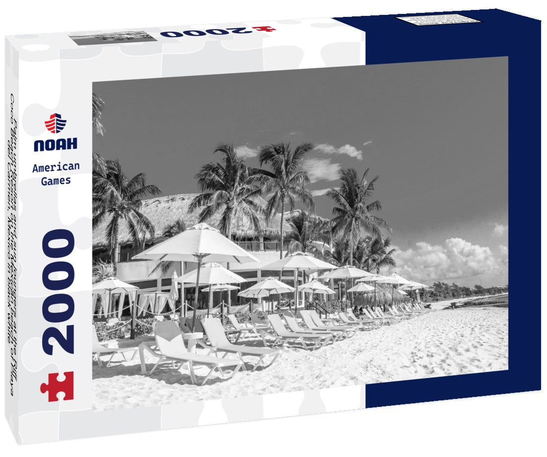 Palm umbrellas and sun loungers at the Riff Coco Beach Resort on the Mexican beach of Playa del Carmen, Mexico 2000pc PuzzleBlack and White