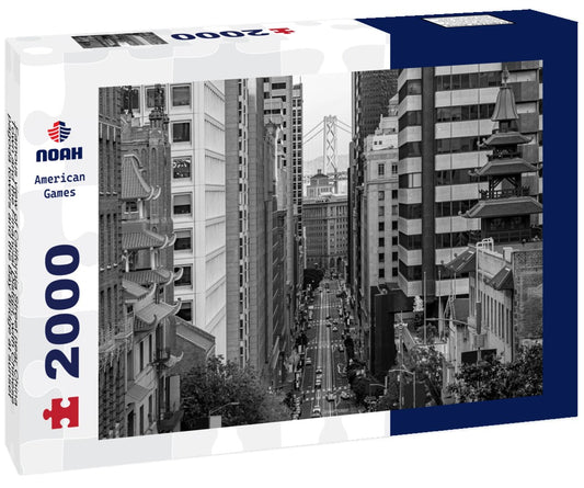Noah Jigsaw Puzzle Famous view of California Street near China Town and the Financial District, with Chinese pagoda towers and the Bay Bridge at sunset in San Francisco in black white 2000 pieces