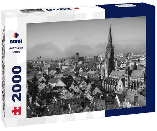 Noah Jigsaw Puzzle Germany, Freiburg im Breisgau city, Gothic cathedral in winter with cozy atmosphere, panoramic view over skyline at sunset in black white 2000 pieces