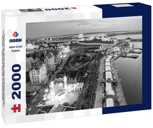 Noah Jigsaw Puzzle Panoramic aerial top view of Kazan Kremlin Kul Sharif mosque Kazanka river embankment sunset, Tatarstan Russia in black white 2000 pieces