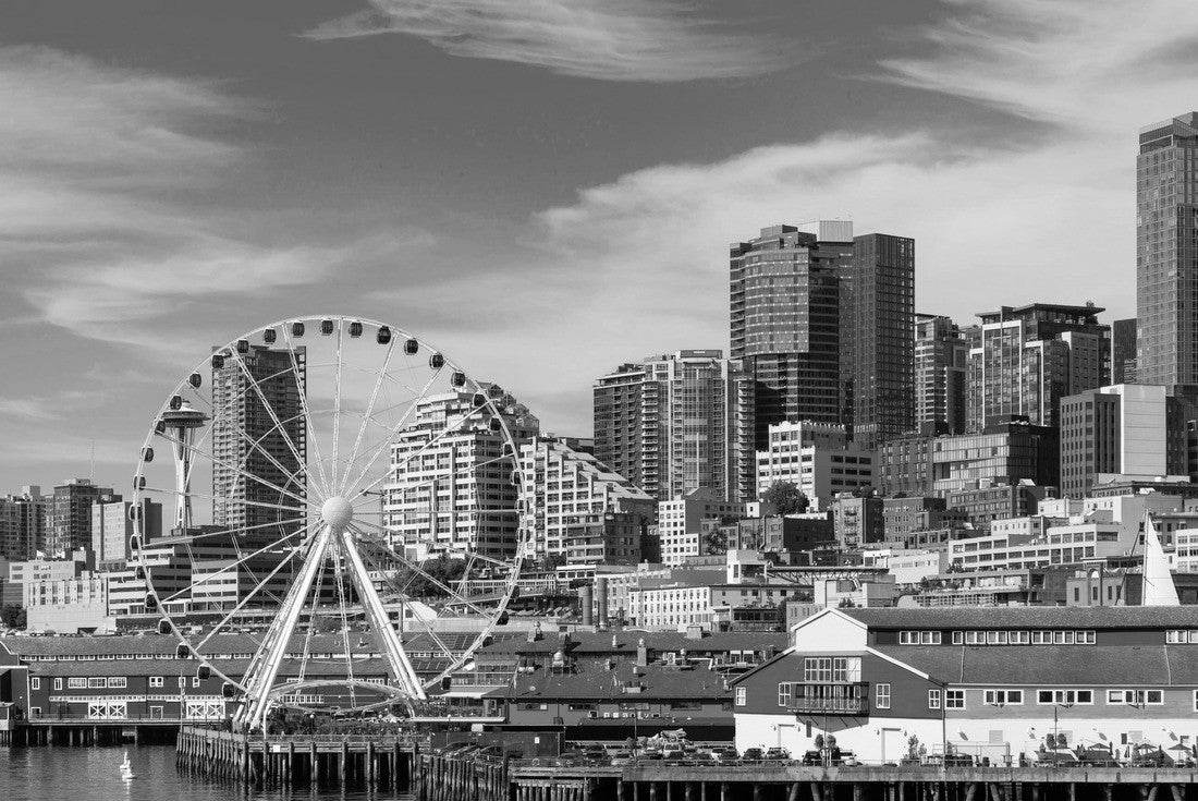 Waterfront Seattle skyline with Great wheel view. Skyscrapers of financial downtown at day time, Washington, USA. A vibrant business neighborhood 2000pc PuzzleBlack and White
