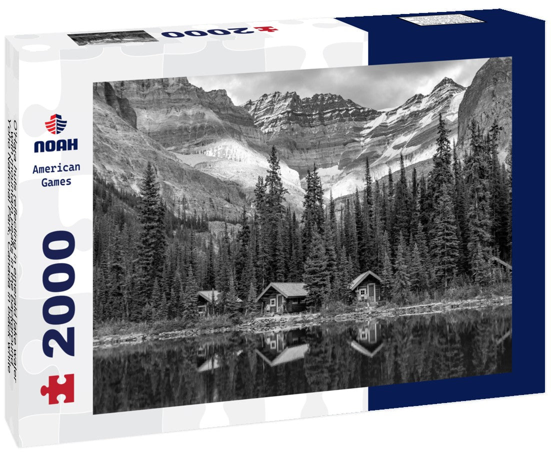 O'Hara huts reflecting in emerald lake water with mountain peaks in the background, Yoho National Park, Canada 2000pc PuzzleBlack and White