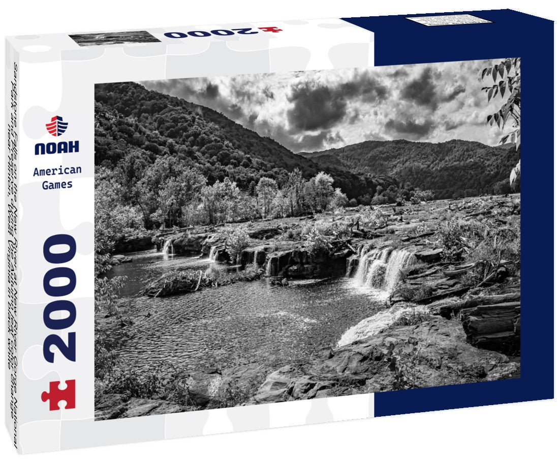 Noah Jigsaw Puzzle Sandstone Falls on the New River at New River Gorge National Park and Preserve during the Autumn leaf color change near Hinton, West Virginia in black white 2000 pieces