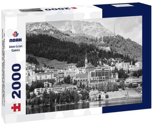 Noah Jigsaw Puzzle St. Moritz, high alpine resort in the Engadine, Switzerland. Panoramic view of St. Moritz with Lake St. Moritz in the Swiss canton of Graubünden, the Graubünden in black white 2000 pieces