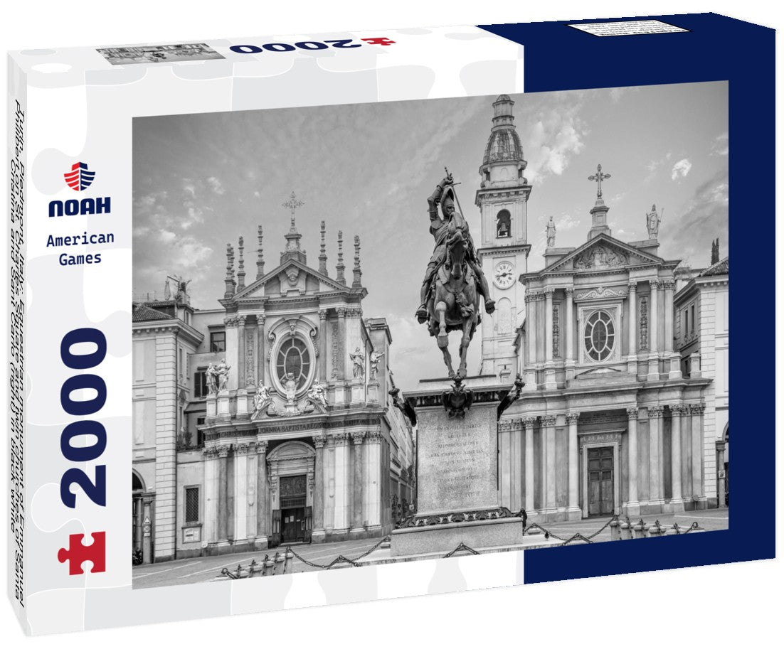 Noah Jigsaw Puzzle Turin, Piedmont, Italy: Equestrian monument of Emmanuel Philibert on St. Charles Square and twin churches of Santa Cristina and Sant Carlo (right) in black white 2000 pieces