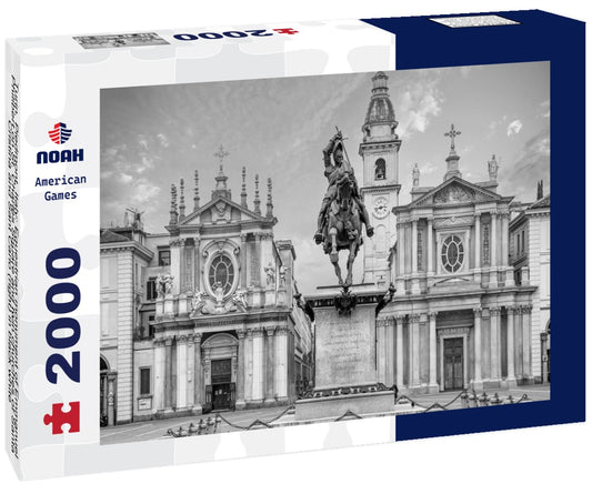 Noah Jigsaw Puzzle Turin, Piedmont, Italy: Equestrian monument of Emmanuel Philibert on St. Charles Square and twin churches of Santa Cristina and Sant Carlo (right) in black white 2000 pieces