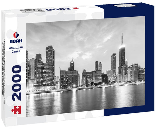 Noah Jigsaw Puzzle Downtown Chicago at night with warm-colored sky. City lights reflected in Lake Michigan in black white 2000 pieces