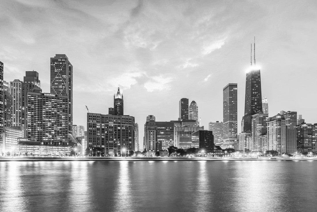 Noah Jigsaw Puzzle Downtown Chicago at night with warm-colored sky. City lights reflected in Lake Michigan in black white 2000 pieces