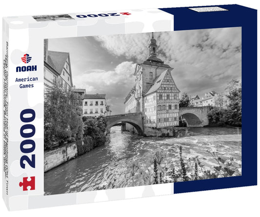 Noah Jigsaw Puzzle Bamberg, Germany. Town Hall of Bamberg (Old Town Hall) with two bridges over the Regnitz river. Upper Franconia, Bavaria in black white 2000 pieces