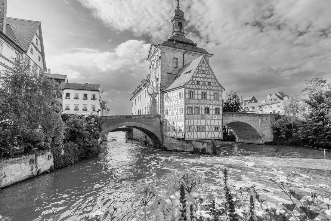 Noah Jigsaw Puzzle Bamberg, Germany. Town Hall of Bamberg (Old Town Hall) with two bridges over the Regnitz river. Upper Franconia, Bavaria in black white 2000 pieces