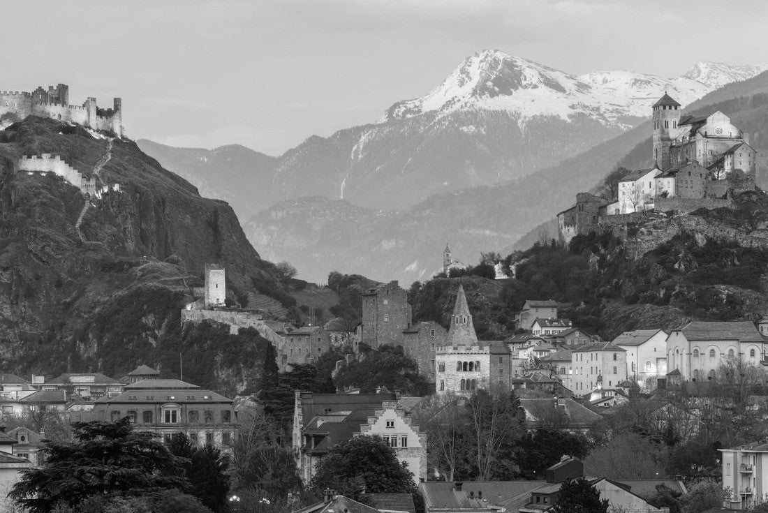 Historic town of Sion with its two castles, Chateau de Tourbillon and Valere Basilica, spectacularly located in the Swiss Alps, Canton of Valais, Switzerland 2000pc PuzzleBlack and White