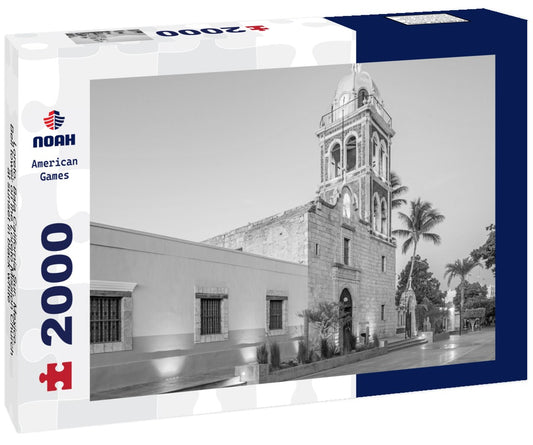 Noah Jigsaw Puzzle Loreto, Baja California Sur, Mexico. Bell tower on the Loreto Mission Church at sunset in black white 2000 pieces