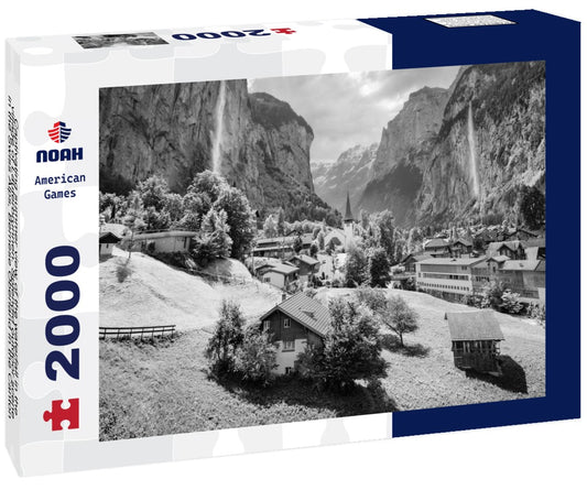 Noah Jigsaw Puzzle Captivating summer view of the waterfall in the village of Lauterbrunnen. Splendid outdoor scene in the Swiss Alps, Bernese Oberland in the Canton of Bern, Switzerland in black white 2000 pieces