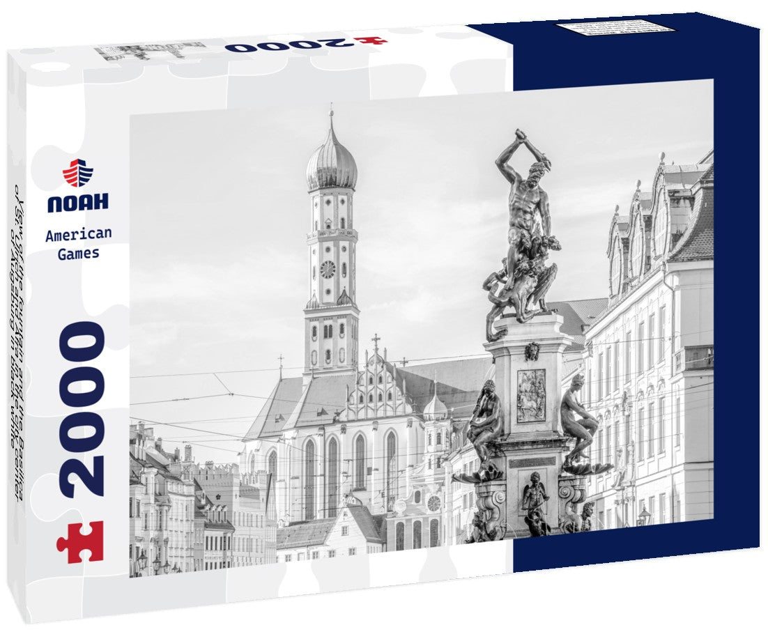 the fountain and the Basilica of St. Ulrich and Afra in the city center of Augsburg 2000pc PuzzleBlack and White
