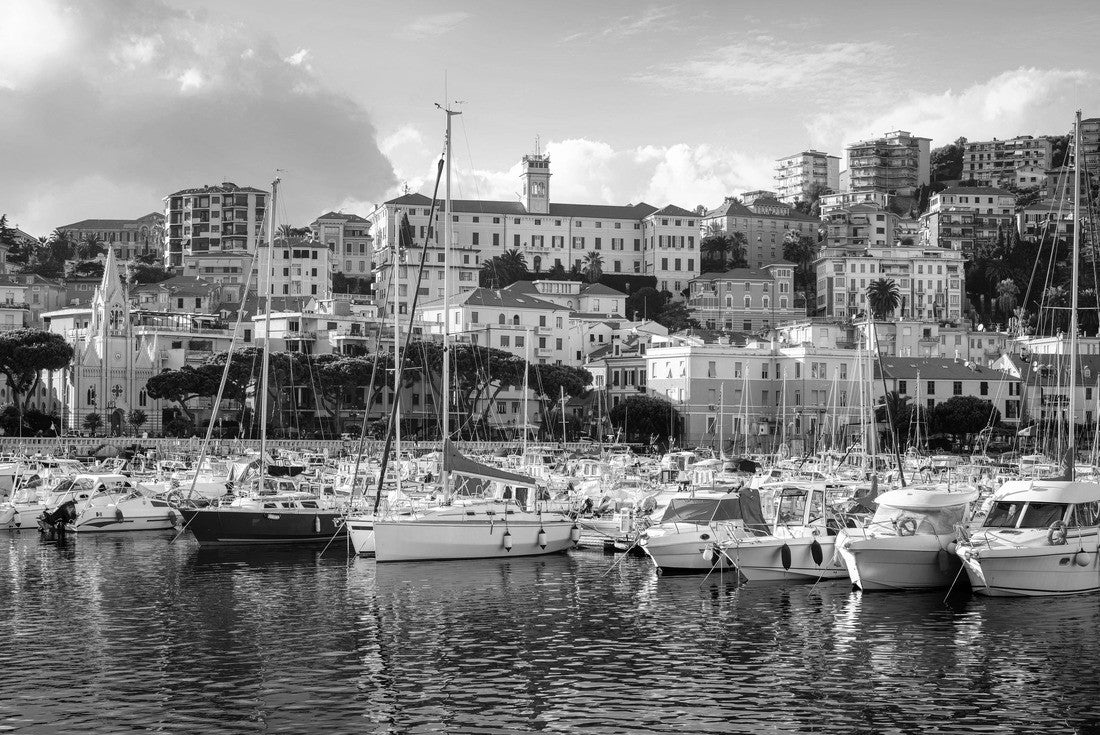 Noah Jigsaw Puzzle Yacht harbor in Imperia city, a beautiful city on the Italian Riviera, Liguria, Italy, at sunset in black white 2000 pieces