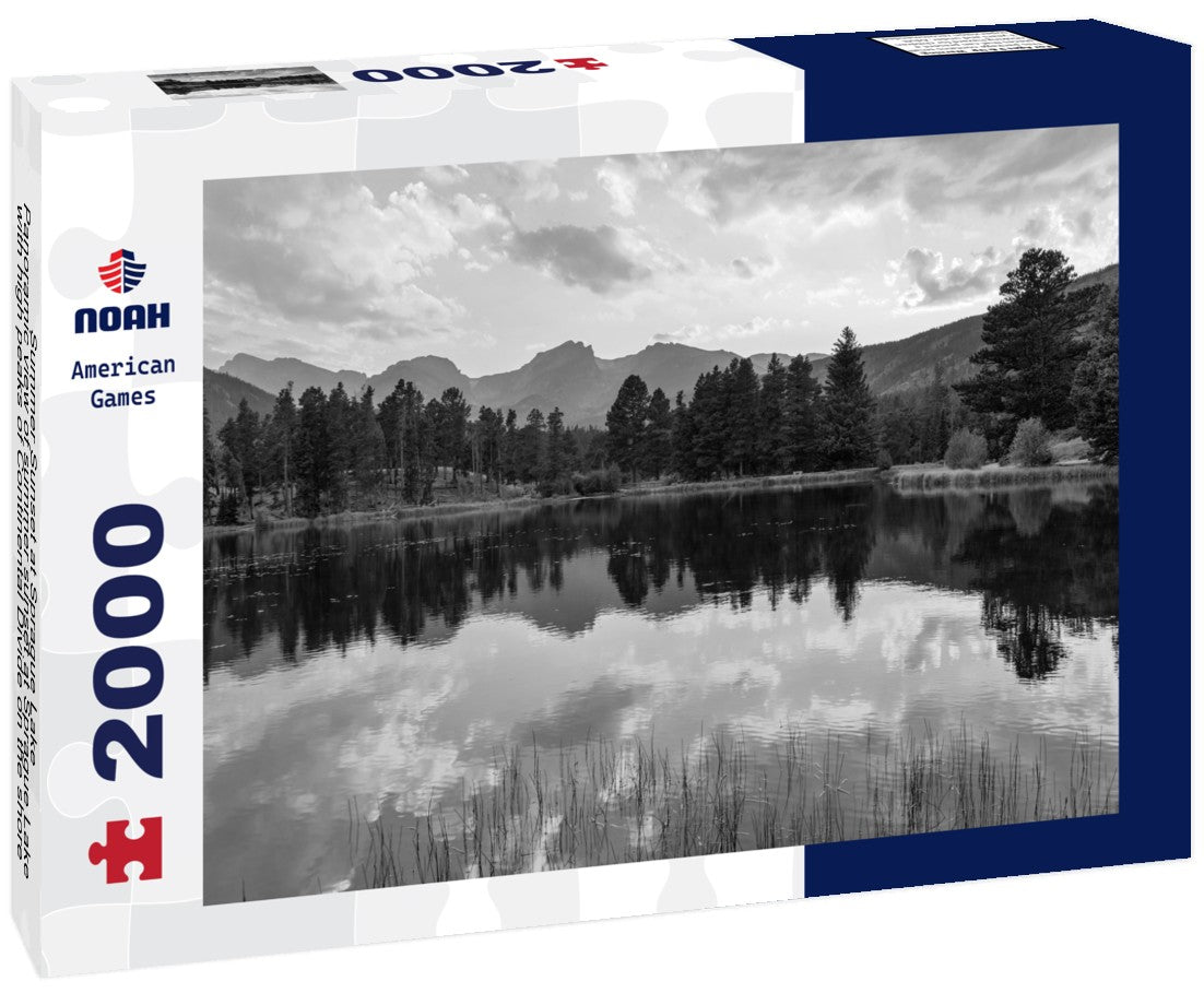 Noah Jigsaw Puzzle Summer Sunset at Sprague Lake - Panoramic view of summer sunset at Sprague Lake with high peaks of Continental Divide on the shore, Rocky Mountain National Park, Colorado, USA in black white 2000 pieces