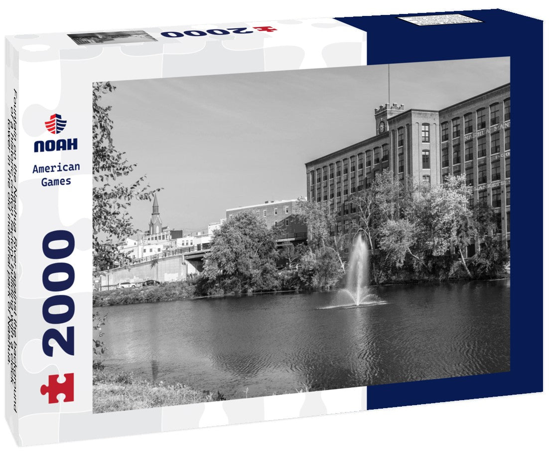 Noah Jigsaw Puzzle Fountain on the Nashua River against the background of a historic cotton factory building with a clock tower in the old industrial park of Nashua. New Hampshire, USA in black white 2000 pieces