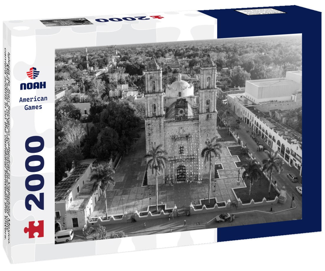 Iglesia de San Servacio cathedral in Valladolid Mexico. Main square of the city. Symmetrical aerial view, camera zooms in on the cathedral between the towers. Valladolid Mexico 2000pc PuzzleBlack and White