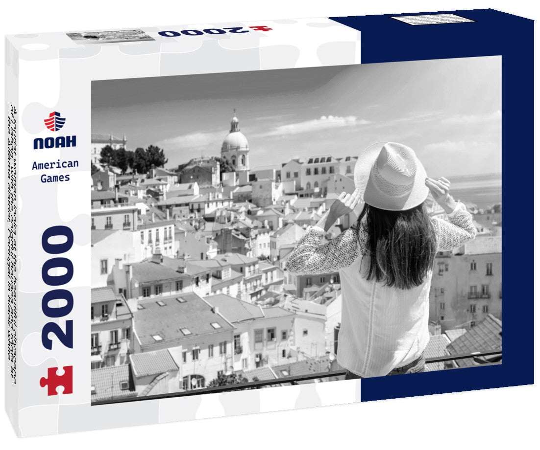 A tourist woman looks at the beautiful cityscape of Lisbon, with the colorful houses and roofs at the Alfama district, Portugal 2000pc PuzzleBlack and White