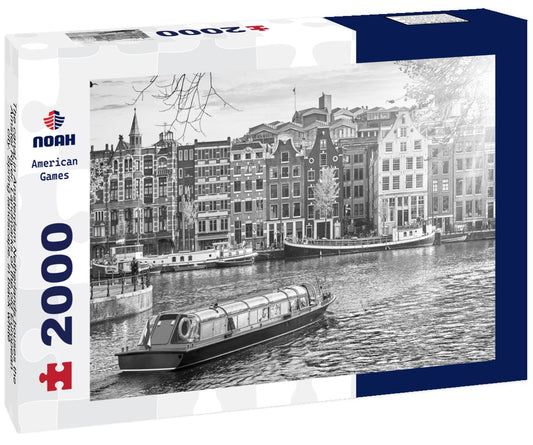 Noah Jigsaw Puzzle The canal in Amsterdam Netherlands houses the Amstel River. Landmarks of the old European city. Spring landscape. in black white 2000 pieces
