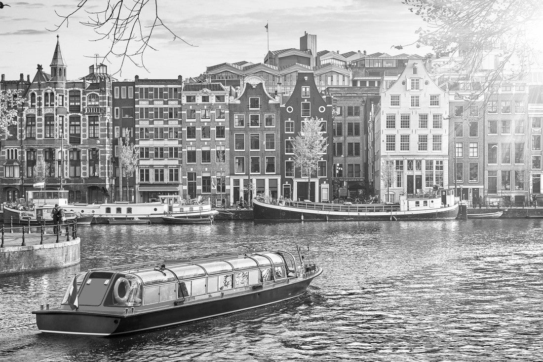 Noah Jigsaw Puzzle The canal in Amsterdam Netherlands houses the Amstel River. Landmarks of the old European city. Spring landscape. in black white 2000 pieces