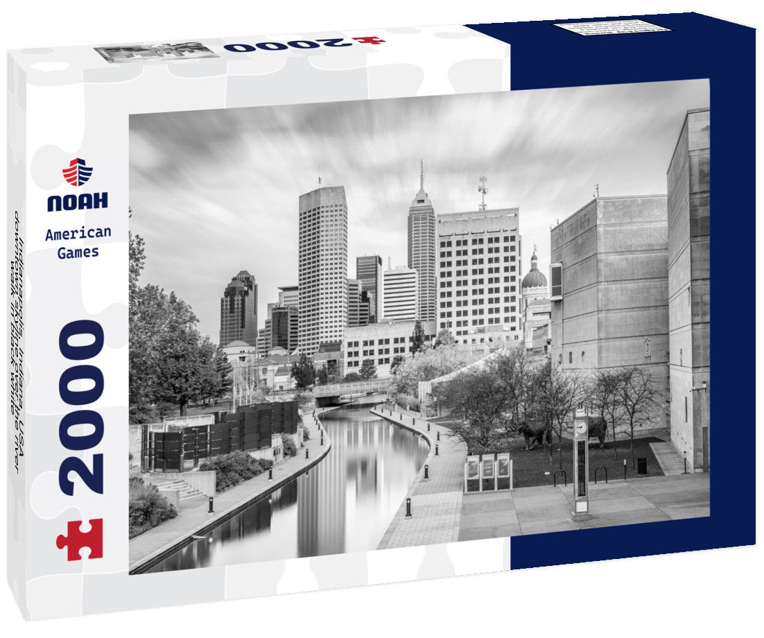 Noah Jigsaw Puzzle Indianapolis, Indiana, USA downtown skyline over the river walk in black white 2000 pieces