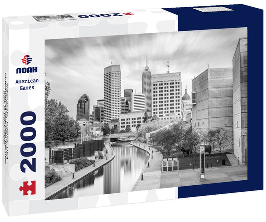 Noah Jigsaw Puzzle Indianapolis, Indiana, USA downtown skyline over the river walk in black white 2000 pieces