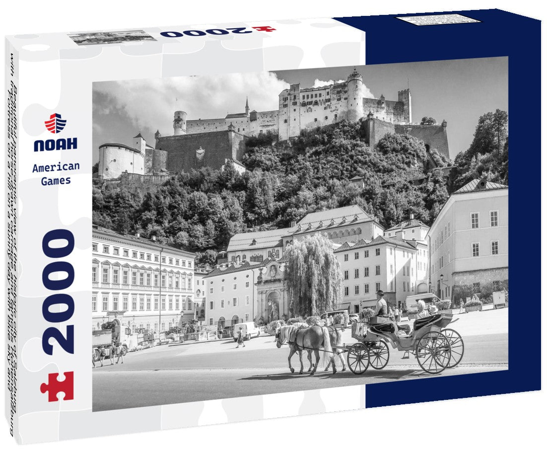 Beautiful the historic city of Salzburg with traditional horse-drawn carriage and famous Hohensalzburg Fortress on a hill on a sunny day with blue sky and clouds in summer 2000pc PuzzleBlack and White