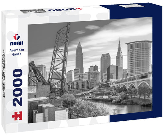 Noah Jigsaw Puzzle Cleveland, Ohio, USA city skyline over the Cuyahoga River in black white 2000 pieces