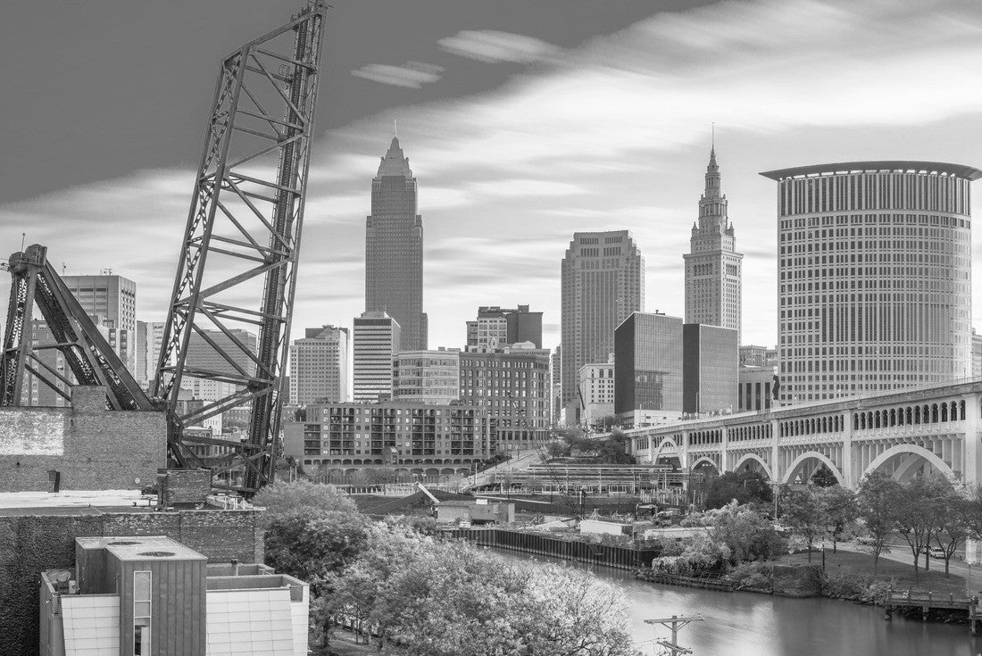 Noah Jigsaw Puzzle Cleveland, Ohio, USA city skyline over the Cuyahoga River in black white 2000 pieces