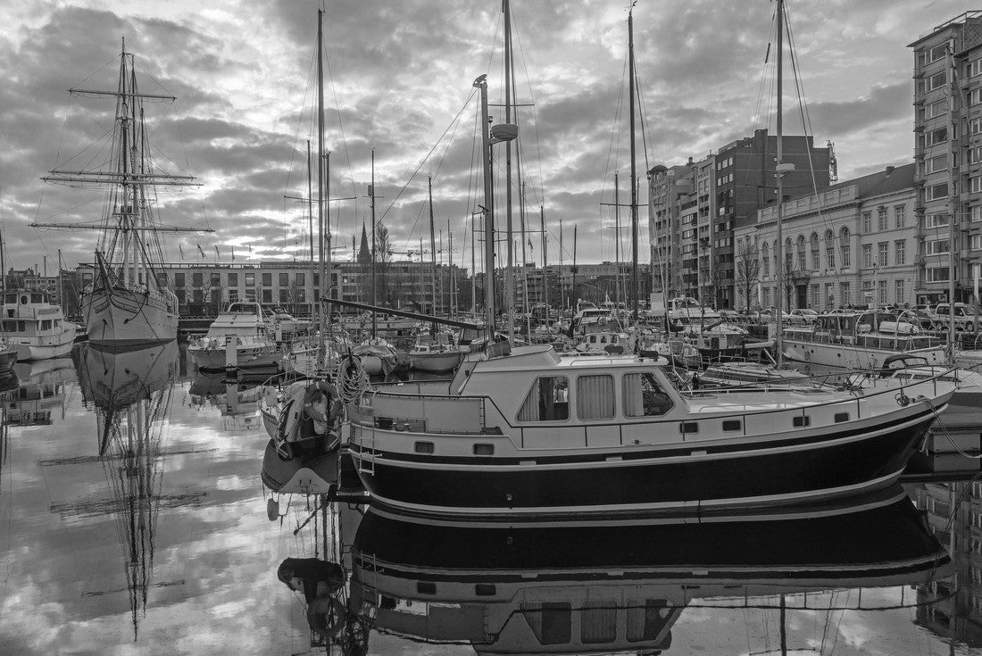 The marina and city center marina in Ostend at sunset, West Flanders, Belgium, reflecting the watercraft 2000pc PuzzleBlack and White