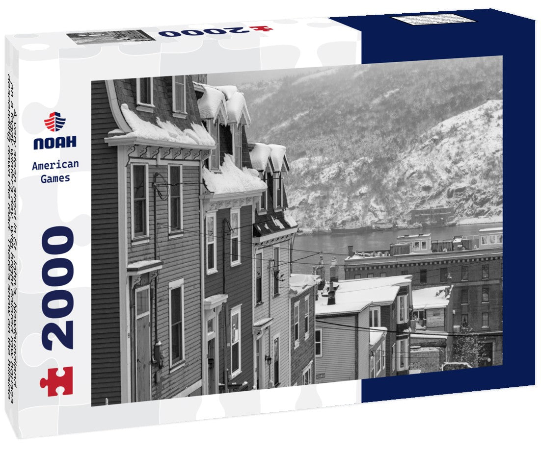 A very steep street in St. John's, Newfoundland, on a foggy winter's day, with bright colored row houses descending down the road. There's snow on the hillside in the background and a smooth harbor 2000pc PuzzleBlack and White