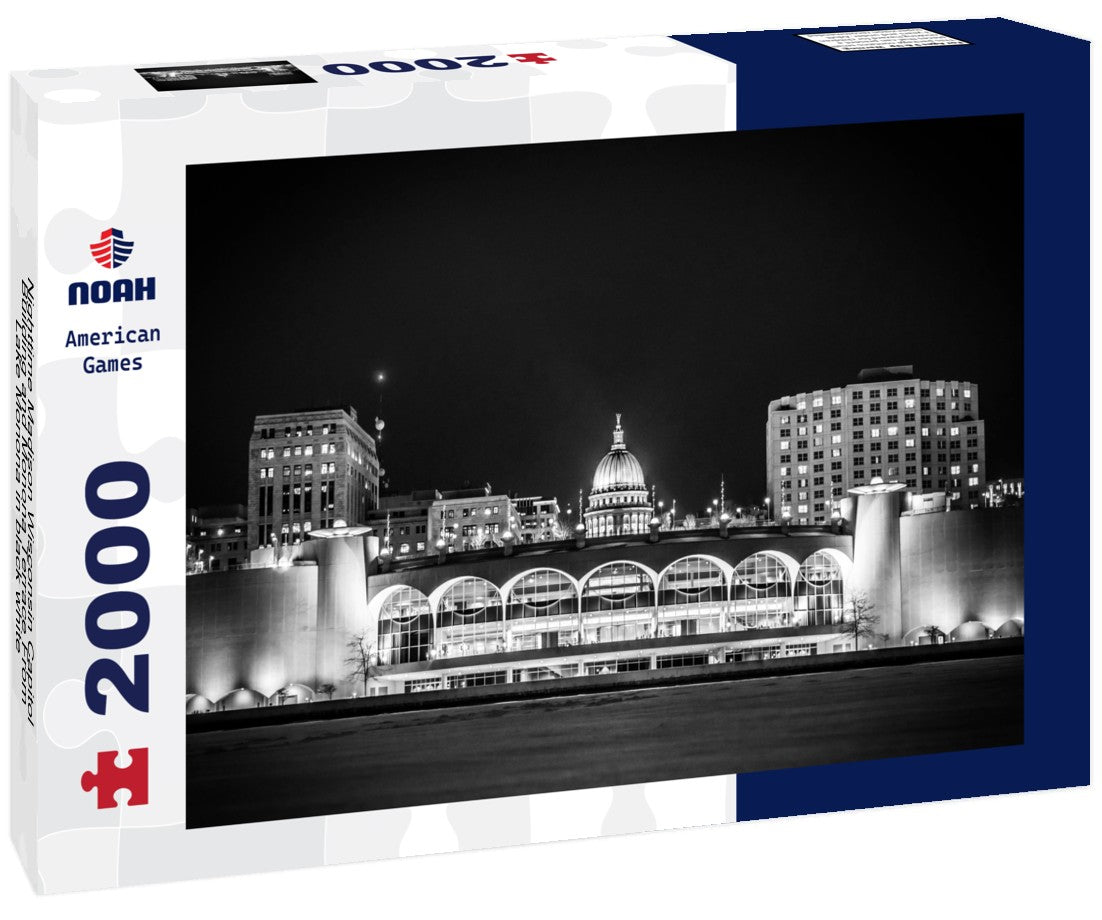 Noah Jigsaw Puzzle Nighttime Madison Wisconsin Capitol Building and Monona Terrace From Lake Monona in black white 2000 pieces