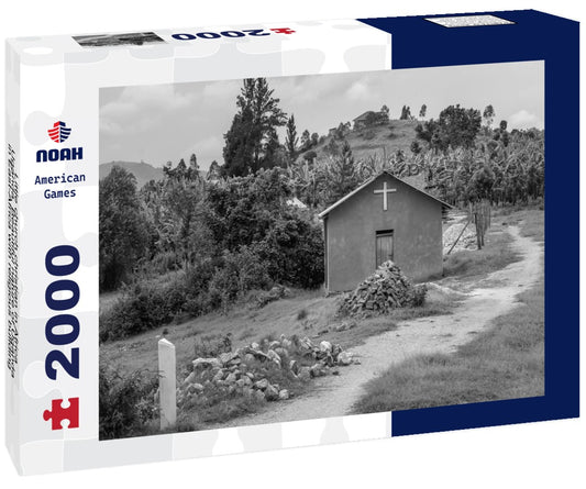 Noah Jigsaw Puzzle Little church christian in Africa, Uganda. Beautiful nature of Uganda in East-Africa with religious building catholic church in black white 2000 pieces