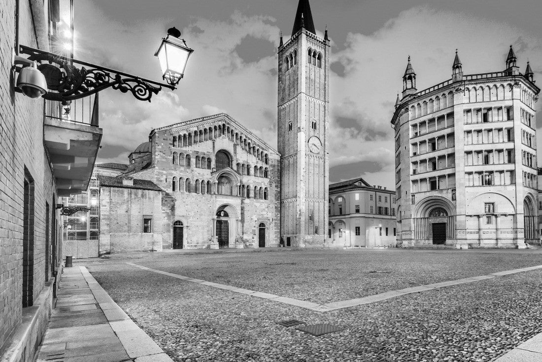 Noah Jigsaw Puzzle Parma, Italy - Piazza del Duomo with cathedral and baptistry, built in 1059. Romanesque architecture in Emilia-Romagna in black white 2000 pieces