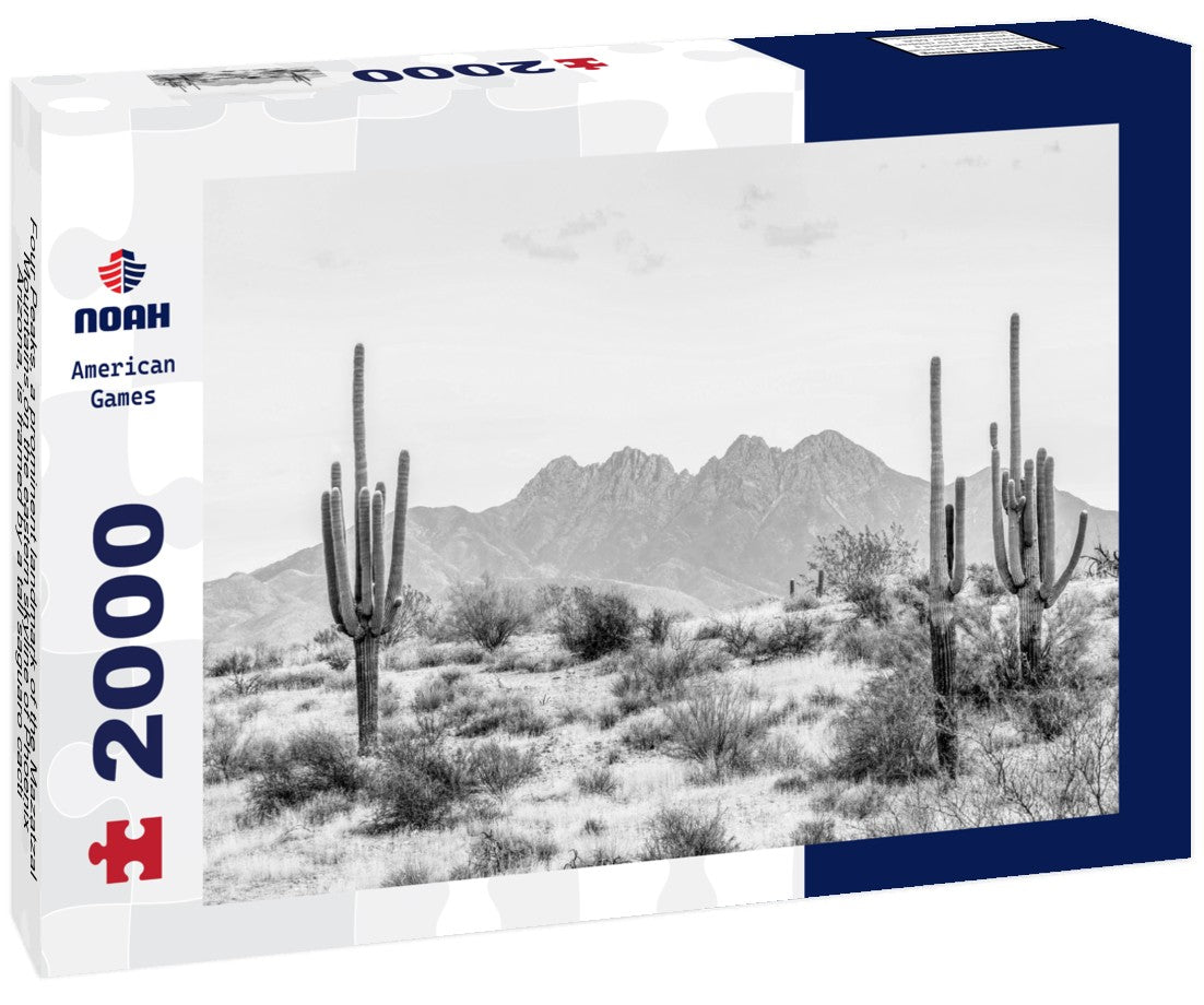 Four Peaks, a prominent landmark of the Mazatzal Mountains on the eastern skyline of Phoenix, Arizona, is framed by a tall saguaro cacti in the desert 2000pc PuzzleBlack and White