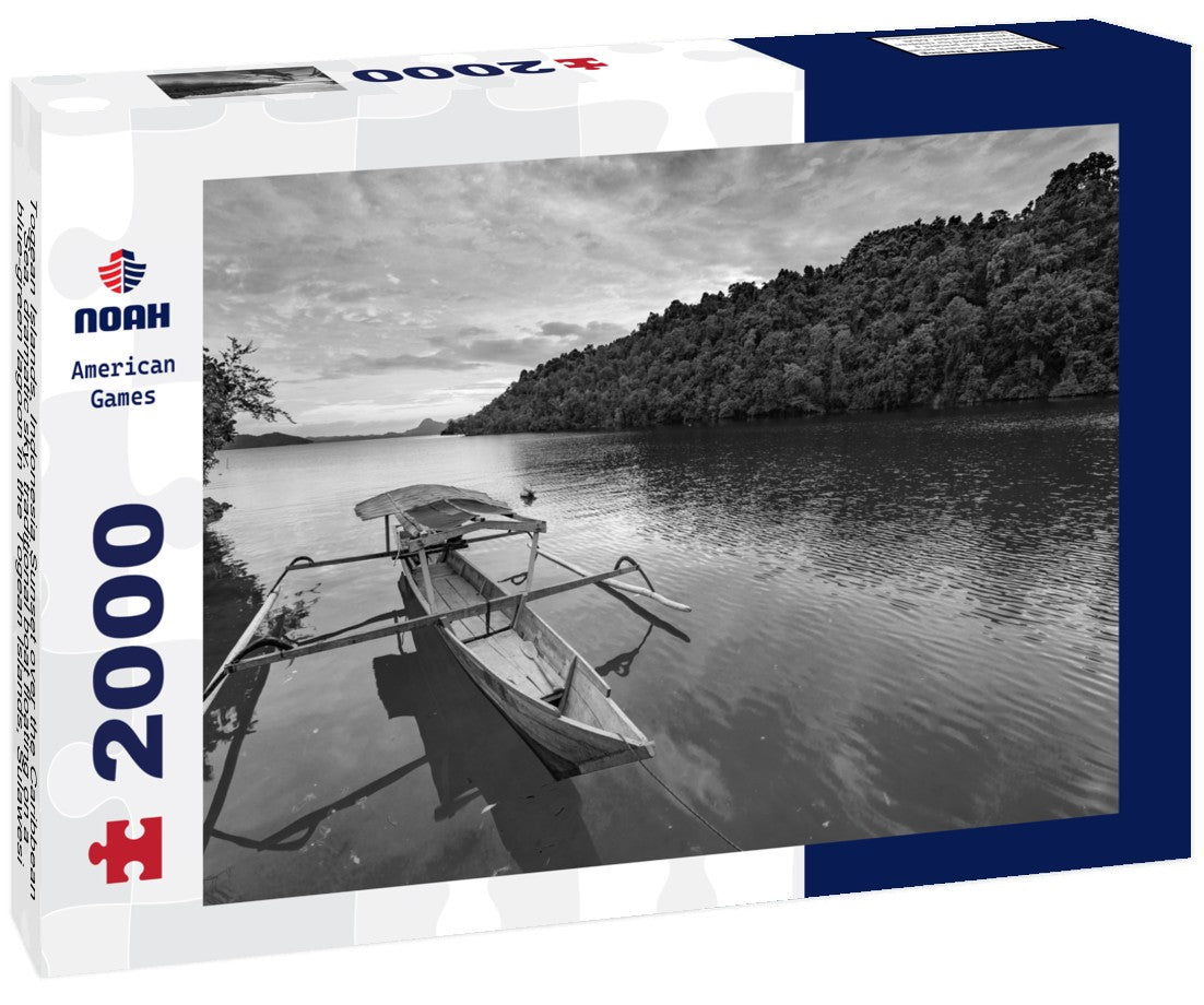 Togean Islands, Indonesia Sunset over the Caribbean Sea, dramatic sky, traditional boat floating on a blue-green lagoon in the Togean Islands, Sulawesi, travel destination in Indonesia 2000pc PuzzleBlack and White