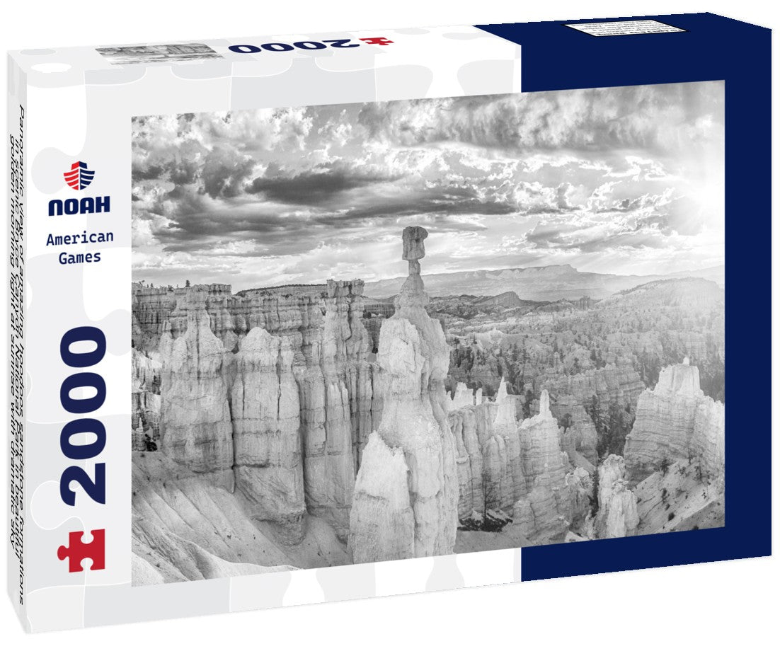 Noah Jigsaw Puzzle Panoramic view of amazing hoodoos sandstone formations in scenic Bryce Canyon National Park in beautiful golden morning light at sunrise with dramatic sky and blue sky, Utah, USA in black white 2000 pieces