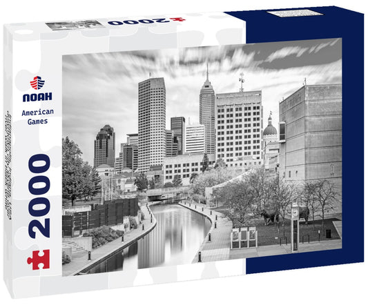 Noah Jigsaw Puzzle Indianapolis, Indiana, USA downtown city skyline over river walk in black white 2000 pieces