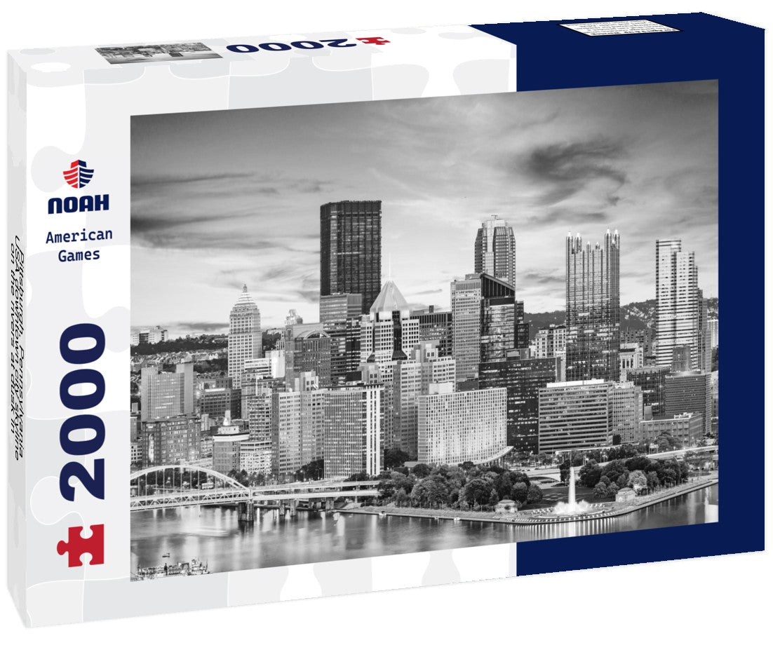 Noah Jigsaw Puzzle Pittsburgh, Pennsylvania, USA downtown city skyline on the rivers at dusk in black white 2000 pieces
