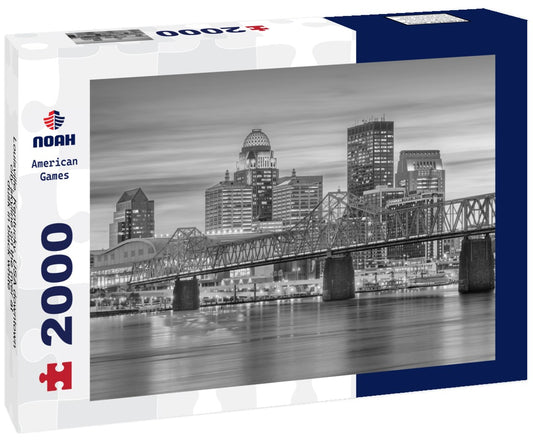 Noah Jigsaw Puzzle Louisville, Kentucky, USA downtown city skyline on the river at dusk in black white 2000 pieces