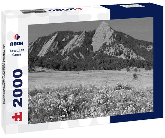 Noah Jigsaw Puzzle Boulder Colorado iconic flatirons with sweet peas in the foreground in black white 2000 pieces
