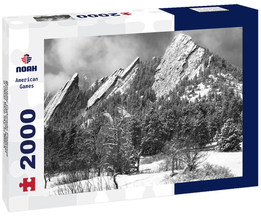 Noah Jigsaw Puzzle Boulder Colorado Flatirons frosted with snow against a clear blue sky in black white 2000 pieces