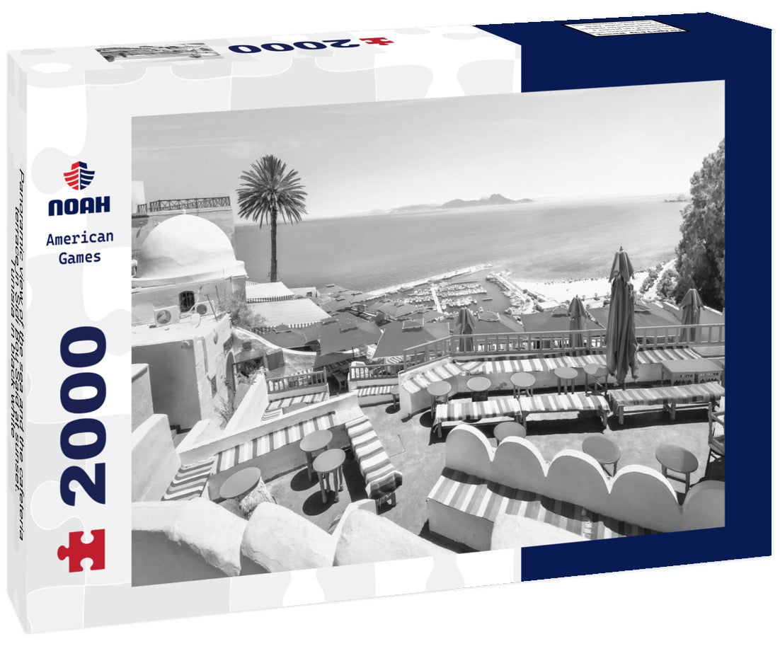 the sea and the cafeteria terrace in Sidi Bou Said at sunset. Tunisia 2000pc PuzzleBlack and White