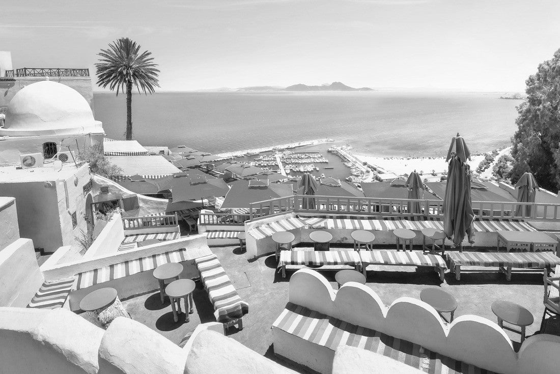 Noah Jigsaw Puzzle Panoramic view of the sea and the cafeteria terrace in Sidi Bou Said at sunset. Tunisia in black white 2000 pieces