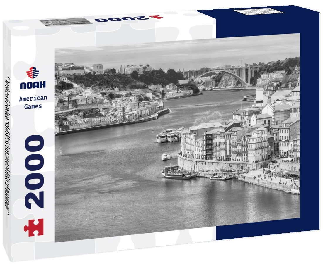 Porto, Portugal Old town of Rimbeira air promenade view with colorful houses, Douro river and boats 2000pc PuzzleBlack and White