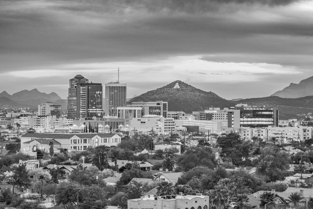 Tucson, Arizona, USA downtown skyline with Sentinel Peak at dusk. (Mountaintop “A” for “Arizona”) 2000pc PuzzleBlack and White