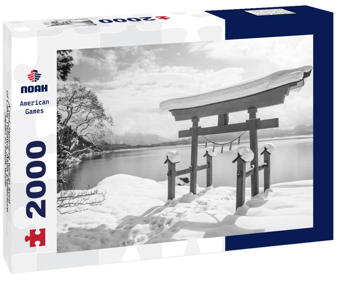 Noah Jigsaw Puzzle A red Japanese torii in front of Lake Tazawa, Akita Prefecture, Japan in black white 2000 pieces